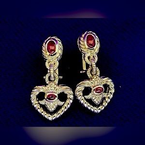 NWOT RARE Judith Ripka Sterling Collection Heart Earrings w/Garnets & Diamonique